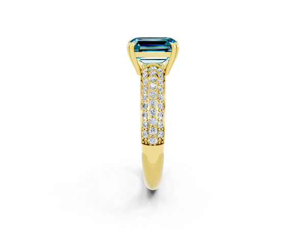 Yellow gold Emerald Cut Cut Pave Diamond Engagement Ring with Channel Set Band and Four-Prong Setting