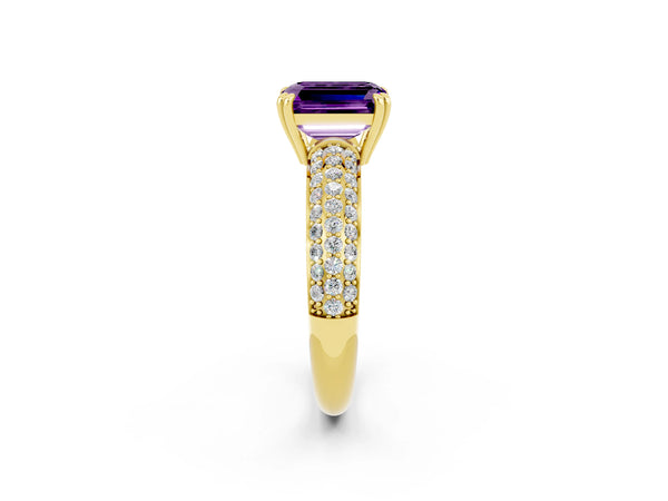Yellow gold Emerald Cut Amethyst Solitaire Ring with Multi-Row Round Pavé Band and Prong Setting