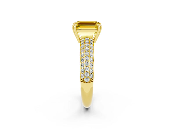 Yellow gold Emerald Cut Yellow Sapphire Solitaire Ring with Multi-Row Round Pavé Band and Prong Setting