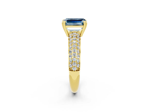 Yellow gold Emerald Cut Aquamarine Solitaire Ring with Multi-Row Round Pavé Band and Prong Setting