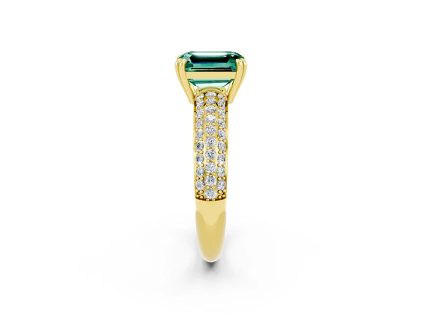 Yellow gold Emerald Cut Green Sapphire Solitaire Ring with Multi-Row Round Pavé Band and Prong Setting