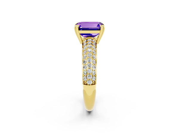 Yellow gold Emerald Cut Tanzanite Solitaire Ring with Multi-Row Round Pavé Band and Prong Setting