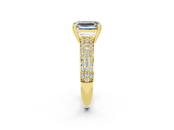 Yellow gold Emerald Cut Moissanite Solitaire Ring with Multi-Row Round Pavé Band and Prong Setting