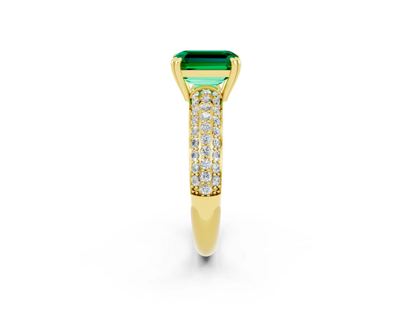 Yellow gold Emerald Cut Emerald Solitaire Ring with Multi-Row Round Pavé Band and Prong Setting