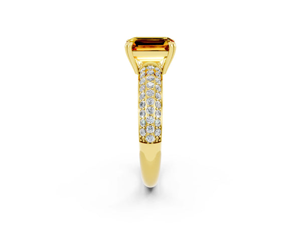 Yellow gold Emerald Cut Citrine Solitaire Ring with Multi-Row Round Pavé Band and Prong Setting