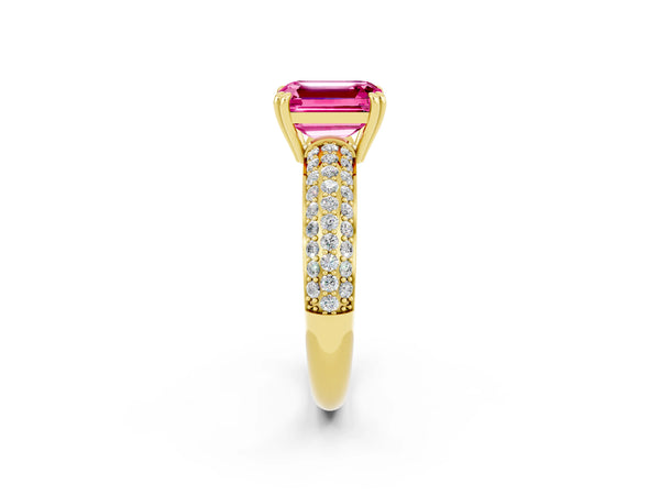 Yellow gold Emerald Cut Pink Sapphire Solitaire Ring with Multi-Row Round Pavé Band and Prong Setting
