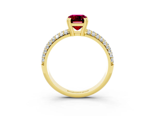 Yellow gold Emerald Cut Garnet Solitaire Ring with Multi-Row Round Pavé Band and Prong Setting