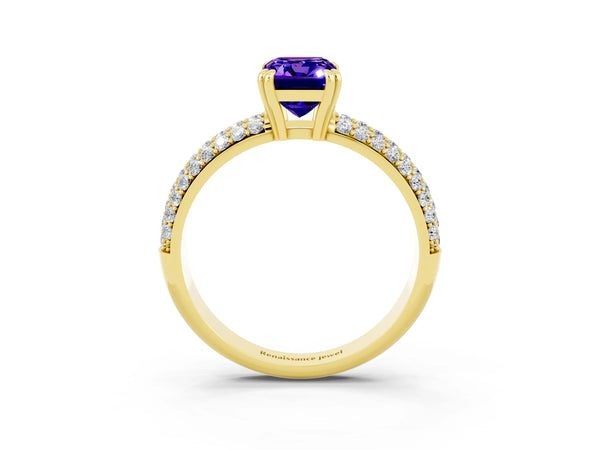 Yellow gold Emerald Cut Tanzanite Solitaire Ring with Multi-Row Round Pavé Band and Prong Setting