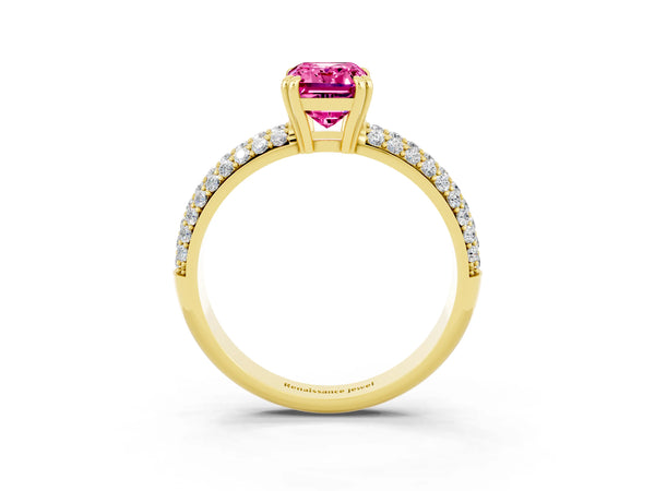 Yellow gold Emerald Cut Pink Sapphire Solitaire Ring with Multi-Row Round Pavé Band and Prong Setting