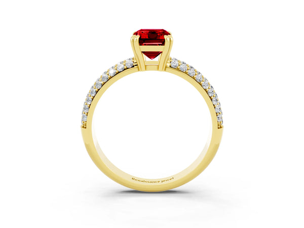 Yellow gold Emerald Cut Cut Pave Diamond Engagement Ring with Channel Set Band and Four-Prong Setting