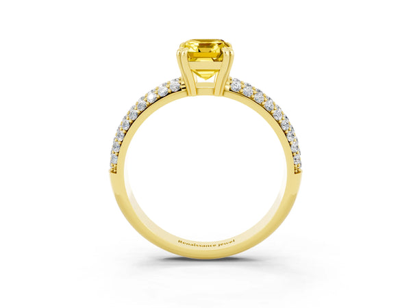 Yellow gold Emerald Cut Yellow Sapphire Solitaire Ring with Multi-Row Round Pavé Band and Prong Setting
