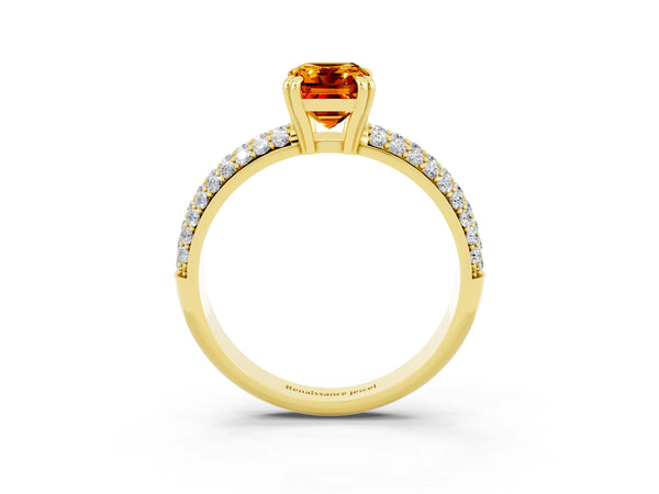 Yellow gold Emerald Cut Citrine Solitaire Ring with Multi-Row Round Pavé Band and Prong Setting