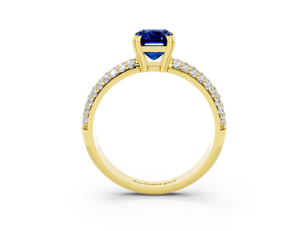 Yellow gold Emerald Cut Blue Sapphire Solitaire Ring with Multi-Row Round Pavé Band and Prong Setting