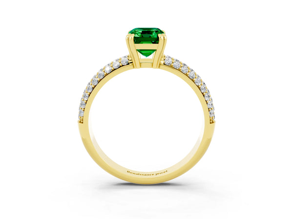 Yellow gold Emerald Cut Emerald Solitaire Ring with Multi-Row Round Pavé Band and Prong Setting