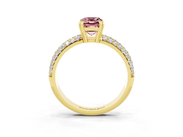 Yellow gold Emerald Cut Cut Pave Diamond Engagement Ring with Channel Set Band and Four-Prong Setting