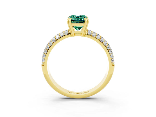 Yellow gold Emerald Cut Green Sapphire Solitaire Ring with Multi-Row Round Pavé Band and Prong Setting