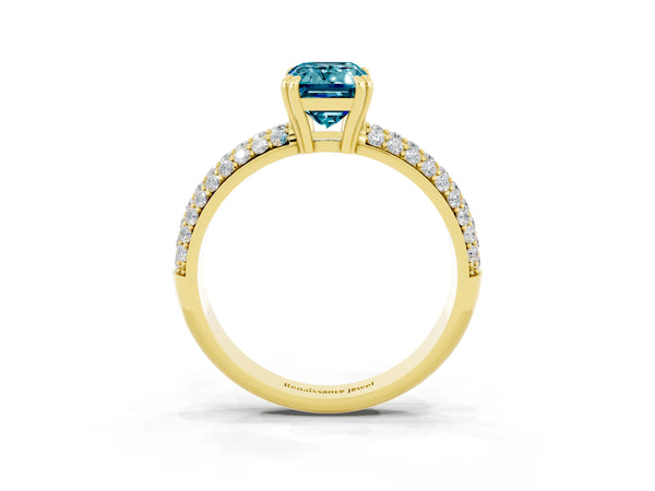 Yellow gold Emerald Cut Cut Pave Diamond Engagement Ring with Channel Set Band and Four-Prong Setting