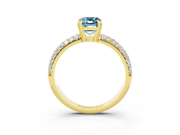 Yellow gold Emerald Cut Aquamarine Solitaire Ring with Multi-Row Round Pavé Band and Prong Setting