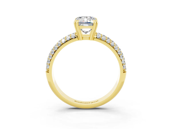 Yellow gold Emerald Cut Moissanite Solitaire Ring with Multi-Row Round Pavé Band and Prong Setting