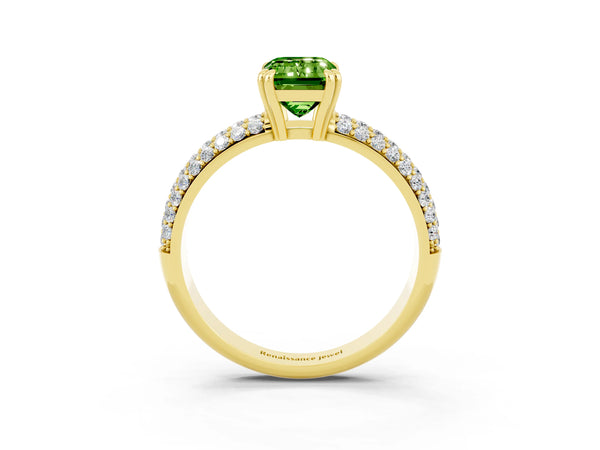 Yellow gold Emerald Cut Cut Pave Diamond Engagement Ring with Channel Set Band and Four-Prong Setting