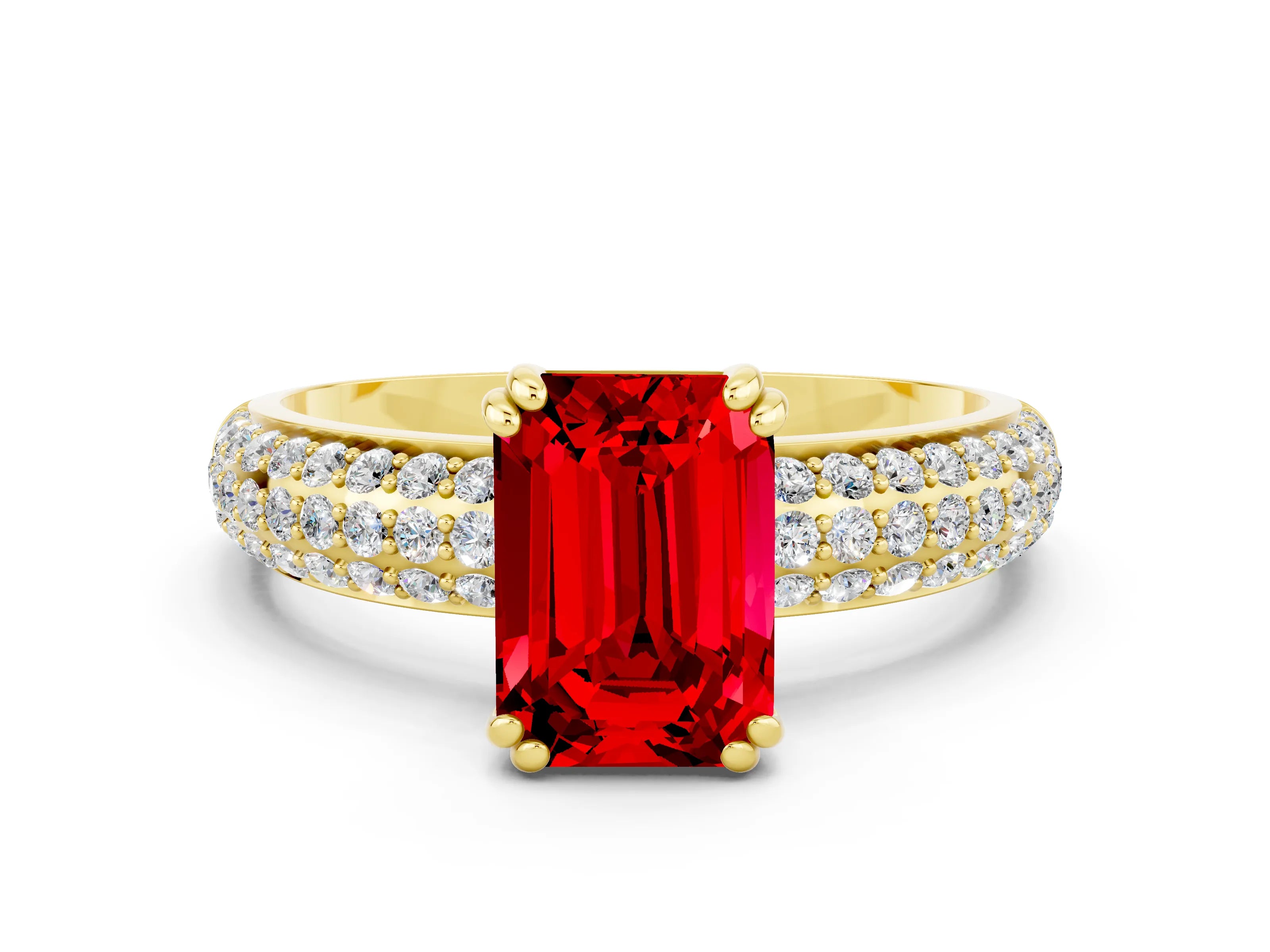 Yellow gold Emerald Cut Cut Pave Diamond Engagement Ring with Channel Set Band and Four-Prong Setting