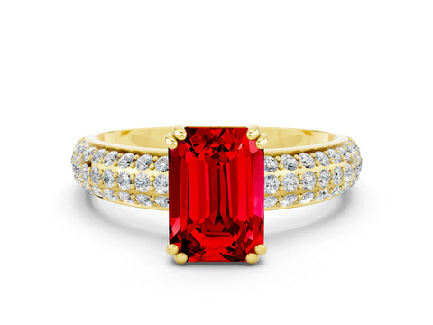 Yellow gold Emerald Cut Cut Pave Diamond Engagement Ring with Channel Set Band and Four-Prong Setting