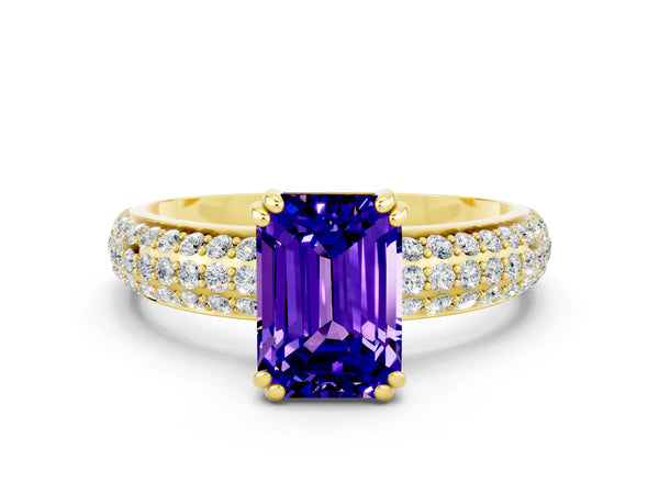 Yellow gold Emerald Cut Tanzanite Solitaire Ring with Multi-Row Round Pavé Band and Prong Setting