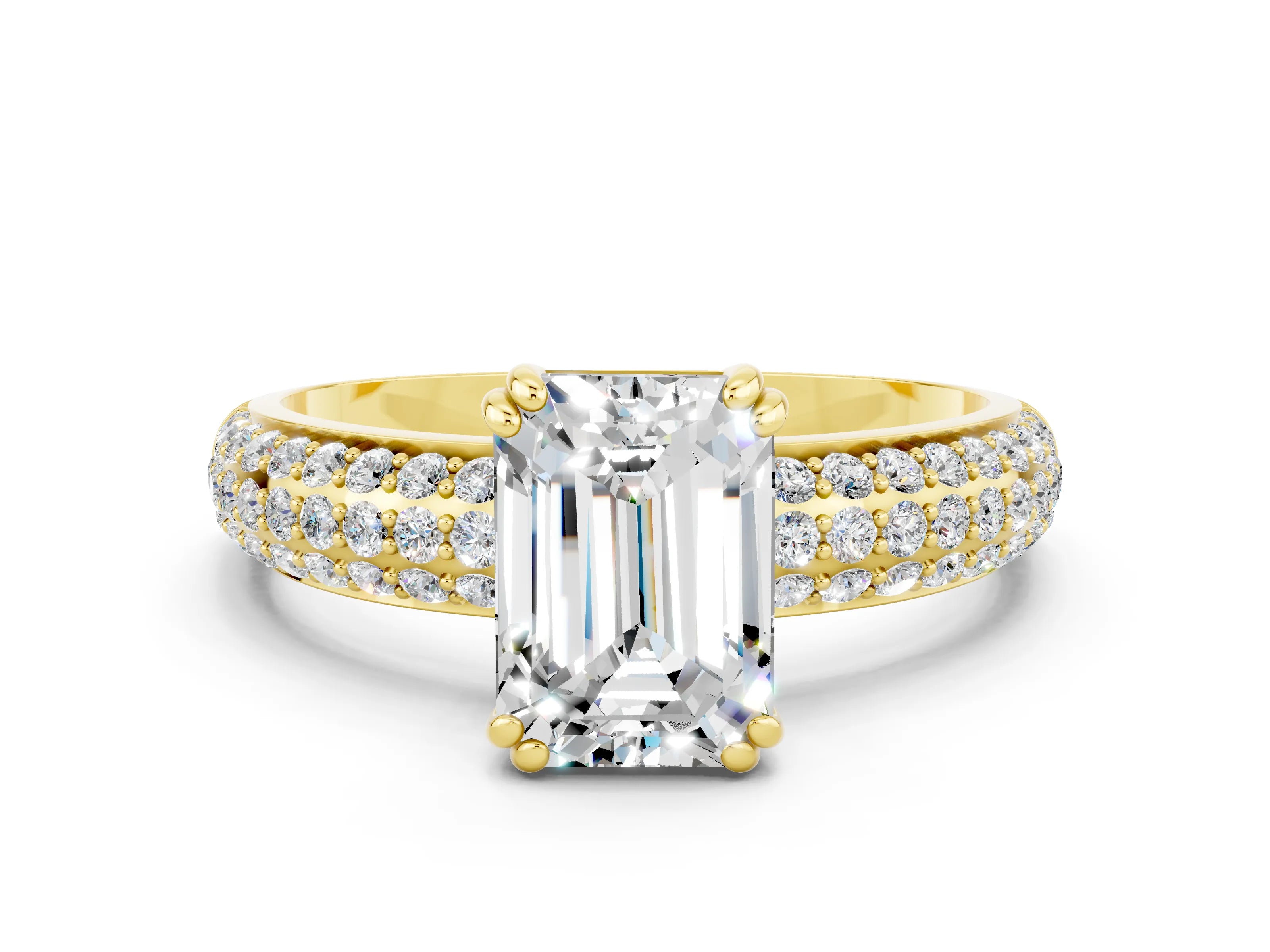 Yellow gold Emerald Cut Cut Pave Diamond Engagement Ring with Channel Set Band and Four-Prong Setting