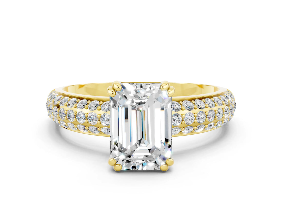 Yellow gold Emerald Cut Cut Pave Diamond Engagement Ring with Channel Set Band and Four-Prong Setting