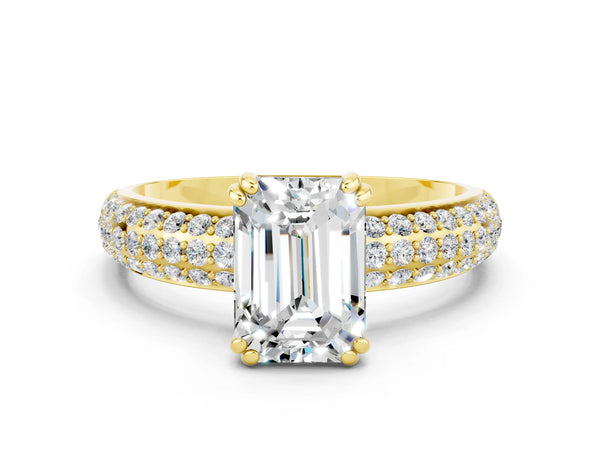 Yellow gold Emerald Cut Moissanite Solitaire Ring with Multi-Row Round Pavé Band and Prong Setting