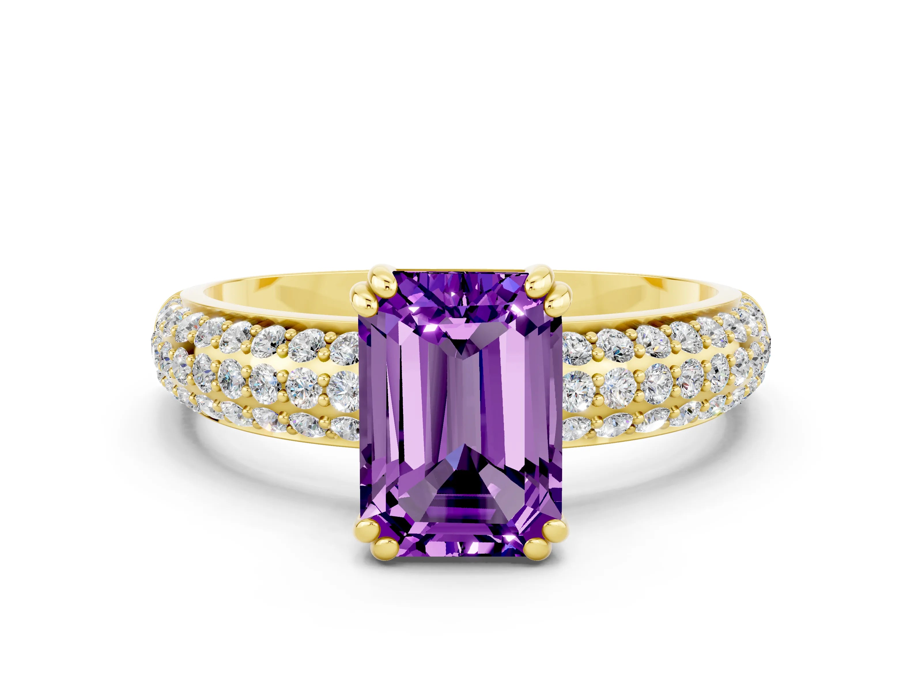 Yellow gold Emerald Cut Cut Pave Diamond Engagement Ring with Channel Set Band and Four-Prong Setting