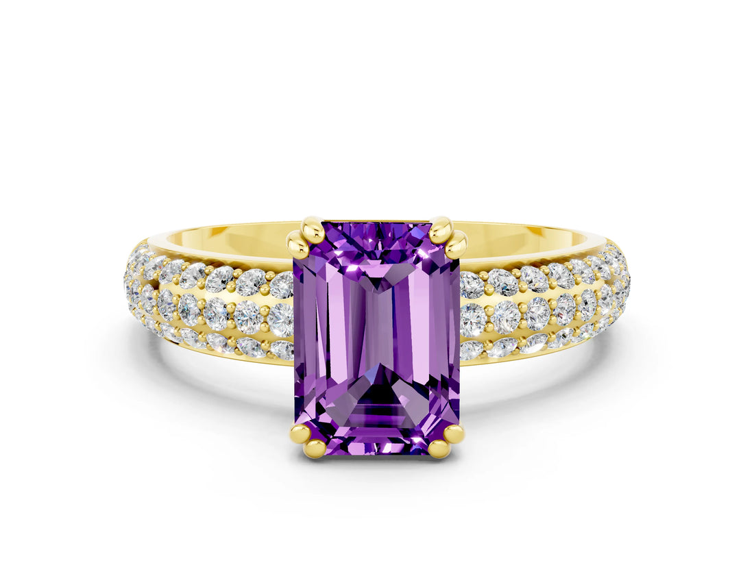 Yellow gold Emerald Cut Cut Pave Diamond Engagement Ring with Channel Set Band and Four-Prong Setting