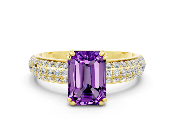 Yellow gold Emerald Cut Amethyst Solitaire Ring with Multi-Row Round Pavé Band and Prong Setting