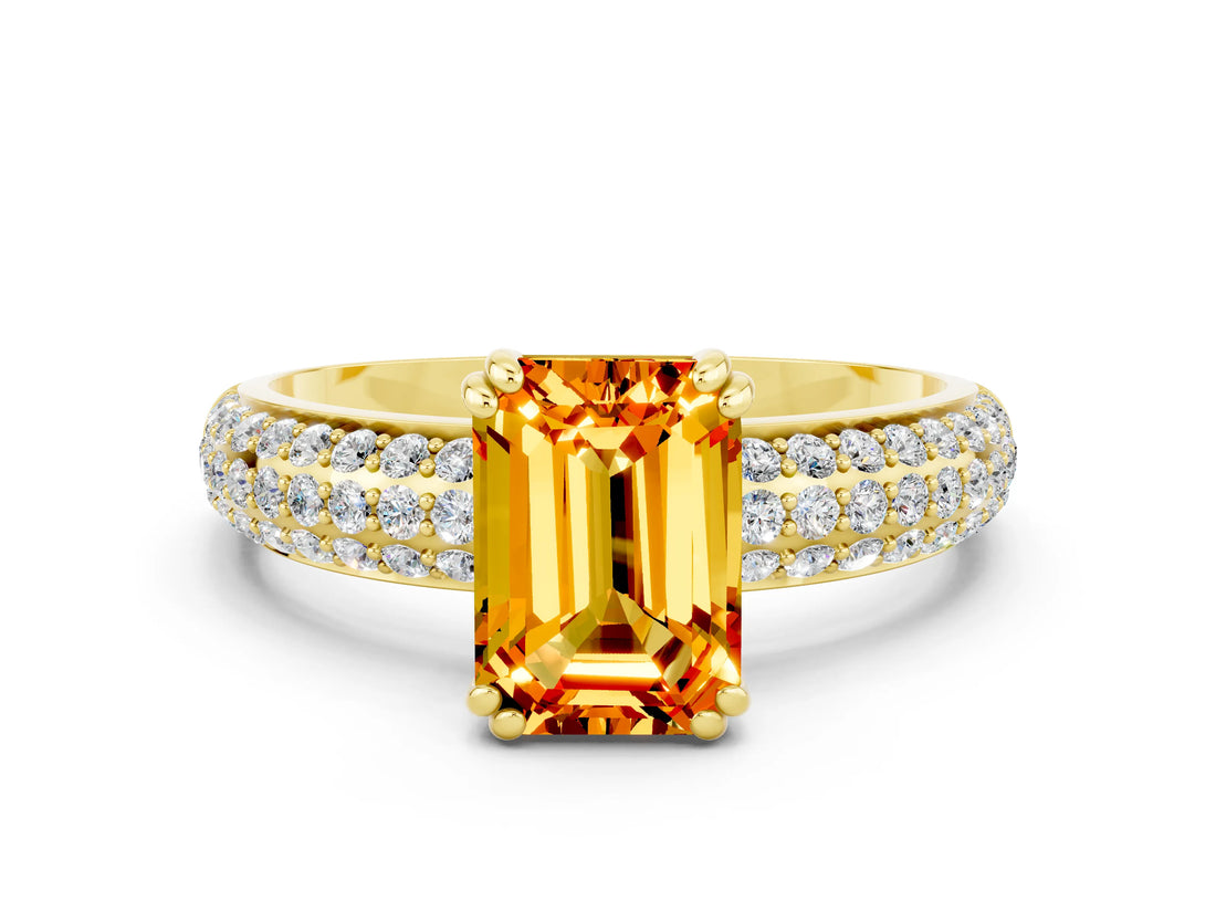 Yellow gold Emerald Cut Cut Pave Diamond Engagement Ring with Channel Set Band and Four-Prong Setting