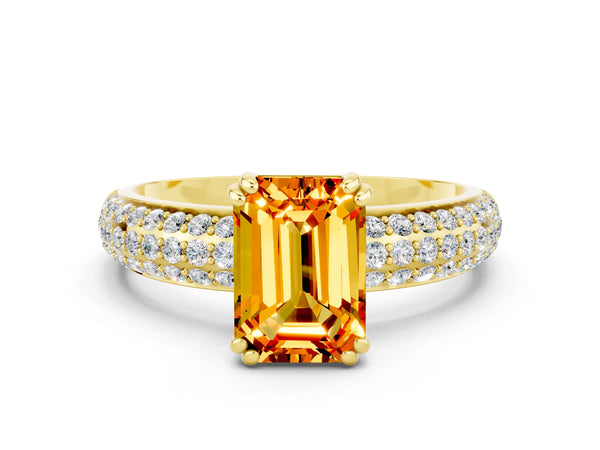 Yellow gold Emerald Cut Citrine Solitaire Ring with Multi-Row Round Pavé Band and Prong Setting