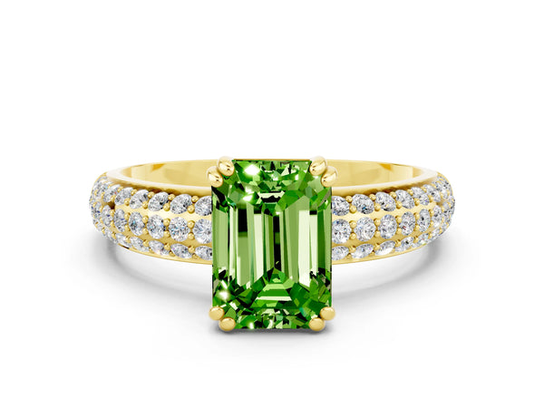 Yellow gold Emerald Cut Cut Pave Diamond Engagement Ring with Channel Set Band and Four-Prong Setting