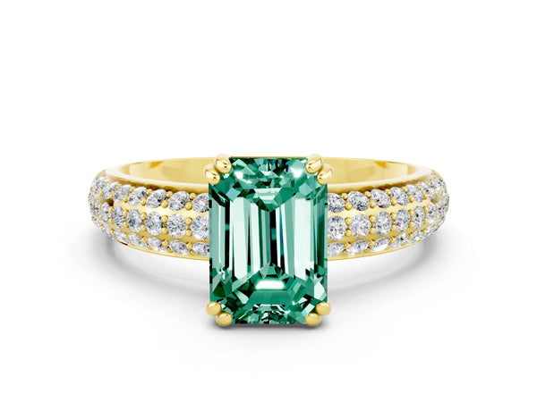 Yellow gold Emerald Cut Green Sapphire Solitaire Ring with Multi-Row Round Pavé Band and Prong Setting