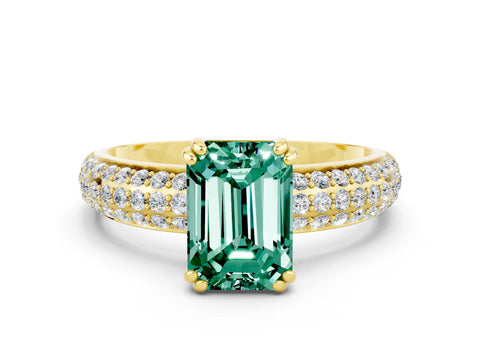 Yellow gold Emerald Cut Cut Pave Diamond Engagement Ring with Channel Set Band and Four-Prong Setting