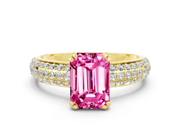 Yellow gold Emerald Cut Pink Sapphire Solitaire Ring with Multi-Row Round Pavé Band and Prong Setting