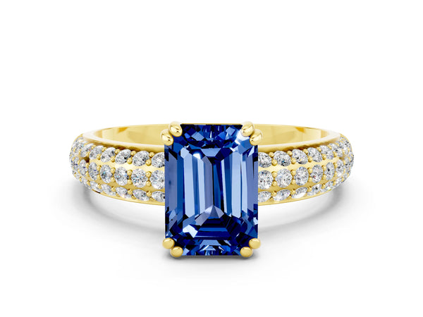 Yellow gold Emerald Cut Blue Sapphire Solitaire Ring with Multi-Row Round Pavé Band and Prong Setting