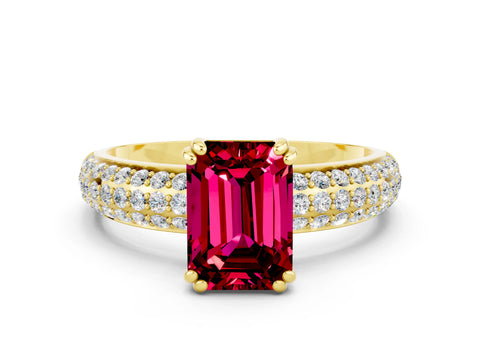 Yellow gold Emerald Cut Cut Pave Diamond Engagement Ring with Channel Set Band and Four-Prong Setting