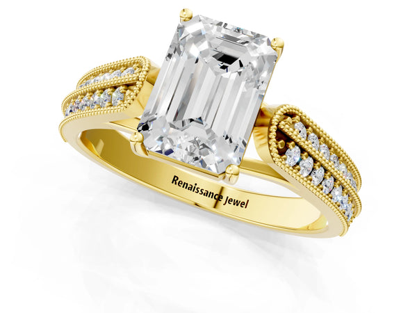 Yellow gold Emerald Cut Cut Pave Split Shank Engagement Ring with Four-Prong Setting