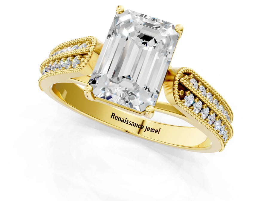 Yellow gold Emerald Cut Cut Pave Split Shank Engagement Ring with Four-Prong Setting