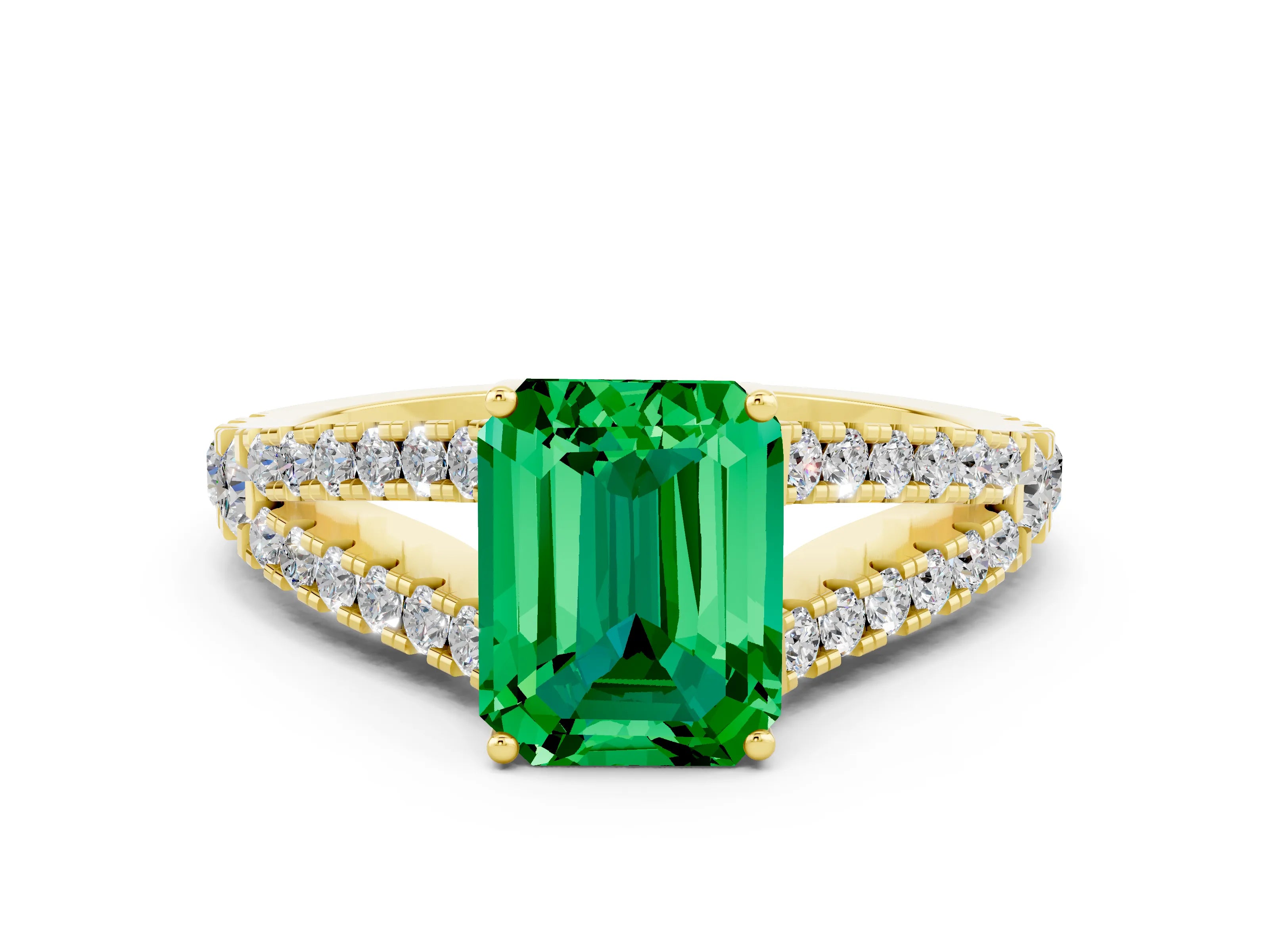 Yellow gold Emerald Cut Cut Split Shank Pave Diamond Engagement Ring with Four-Prong Setting