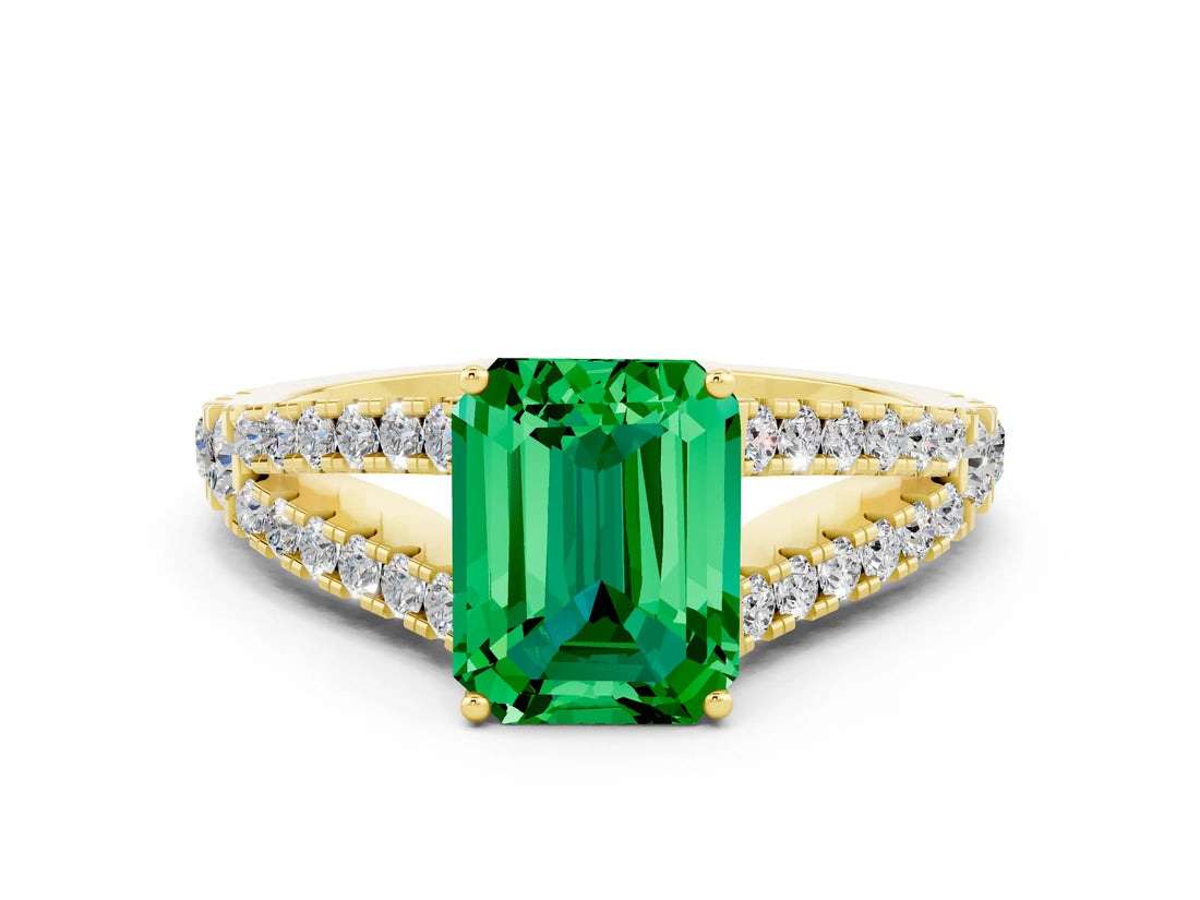 Yellow gold Emerald Cut Cut Split Shank Pave Diamond Engagement Ring with Four-Prong Setting