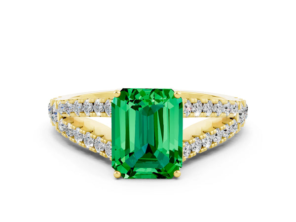 Yellow gold Emerald Cut Emerald Split Shank Engagement Ring with Round Pavé and Prong Setting