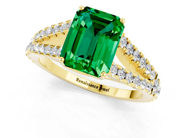 Yellow gold Emerald Cut Emerald Split Shank Engagement Ring with Round Pavé and Prong Setting