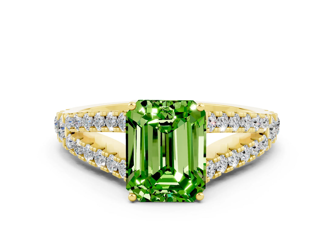 Yellow gold Emerald Cut Cut Split Shank Pave Diamond Engagement Ring with Four-Prong Setting