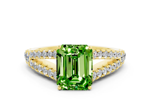 Yellow gold Emerald Cut Cut Split Shank Pave Diamond Engagement Ring with Four-Prong Setting