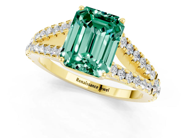 Yellow gold Emerald Cut Green Sapphire Split Shank Engagement Ring with Round Pavé and Prong Setting